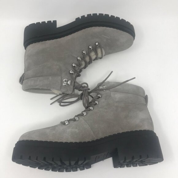 Marc Fisher Nairy Lace Up Ankle Boots Hiker Combat Leather Fur Grey Size 9.5M - Picture 2 of 8